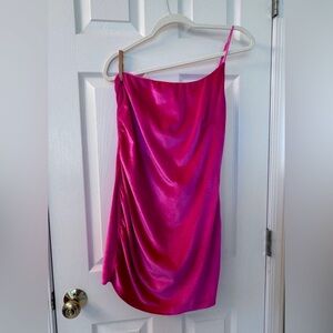 Vibrant Pink Velvet One Shoulder Dress